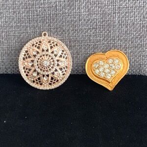 ♥️ Sale 3for$15! Two Gold Tone & Rhinestone Pendants Yellow & Rose Gold Tone